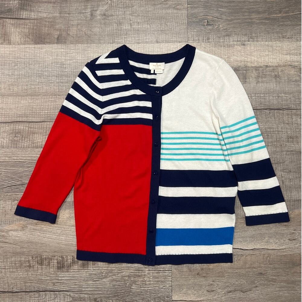 Kate Spade Cotton Cashmere Cardigan Sweater Large Stripe Color Block Tennis Prep
